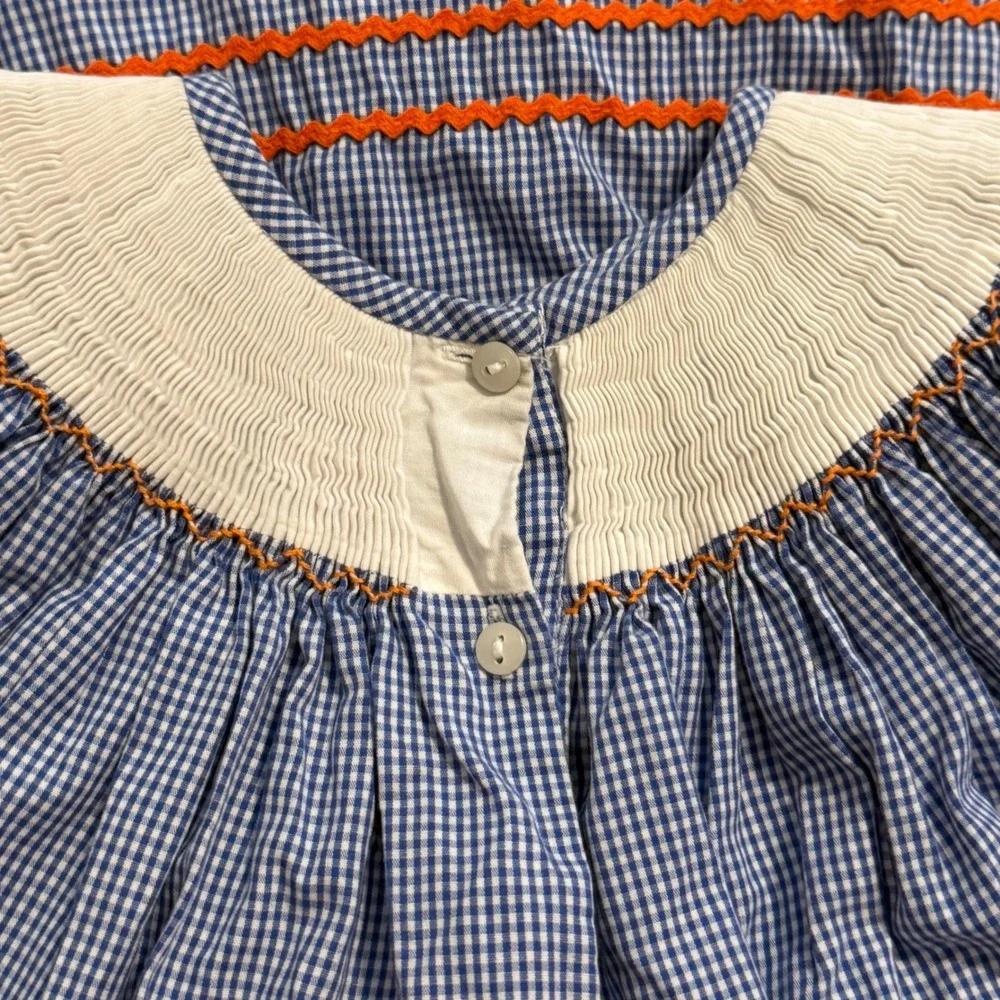 Southern Smocked Company Girls Blue Gingham Pumpkin Smocked Dress Size 5 Fall